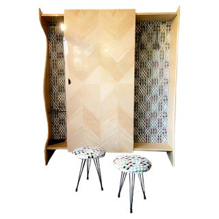 Mid-Century Hall Cabinet and Stools Set in the Style of Osvaldo Borsani, 1950s, Set of 3 For Sale