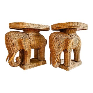 1960s Rattan Wicker Elephants Accent Tables With Removable Trays - a Pair For Sale