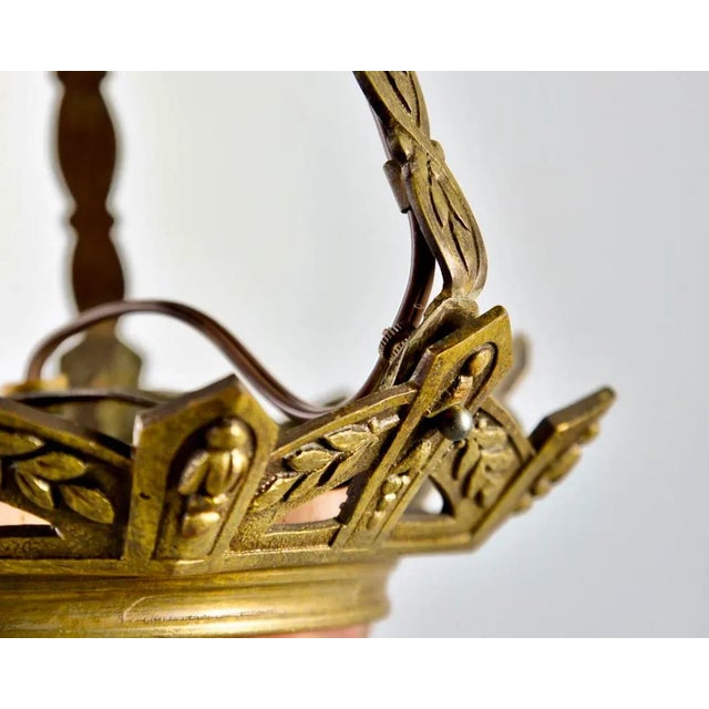 Muller Frères Small Muller Freres Mottled Glass and Bronze Art Deco Pendant For Sale - Image 4 of 11