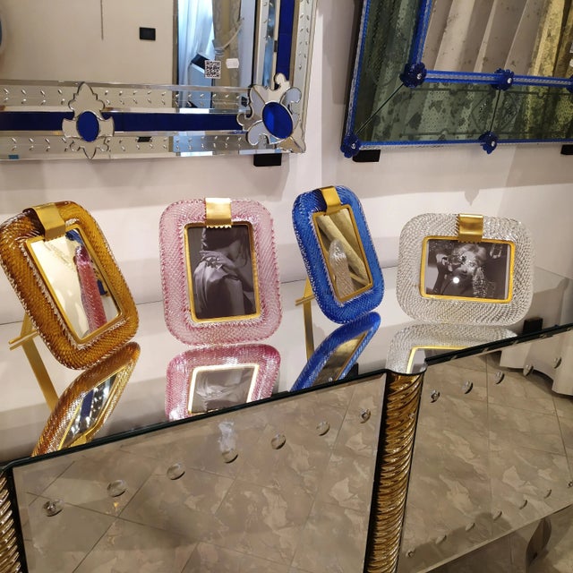 2010s "Blue Marilyn" Blue Murano Style Glass Brass Frame Photo Frame For Sale - Image 5 of 6