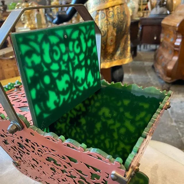 Italian 1960s Green and Pink Plexiglass and Brass Italian Basket For Sale - Image 3 of 13