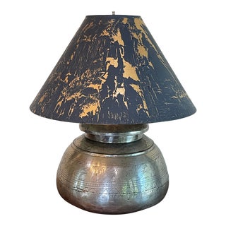 1970s Large Sarreid Style Hammered Nickel Lamp & Shade For Sale