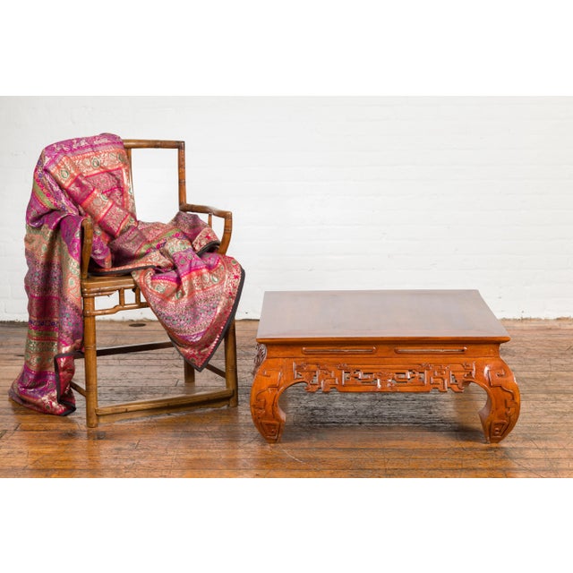 Asian Vintage Chinese Style Low Kang Coffee Table with Carved Scrolls and Chow Legs For Sale - Image 3 of 12