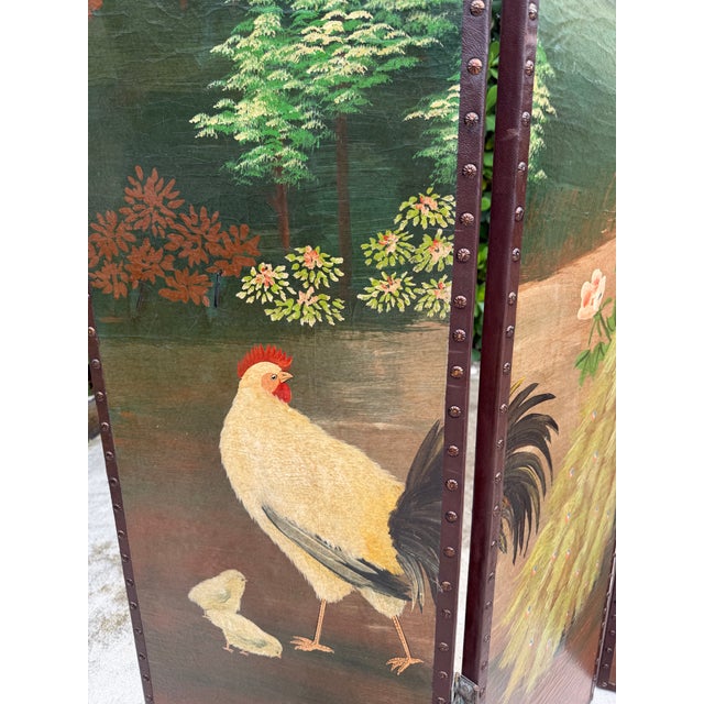 Mid 20th Century Vintage Hand-Painted Peacock & Landscape Four-Panel Folding Screen For Sale - Image 5 of 16