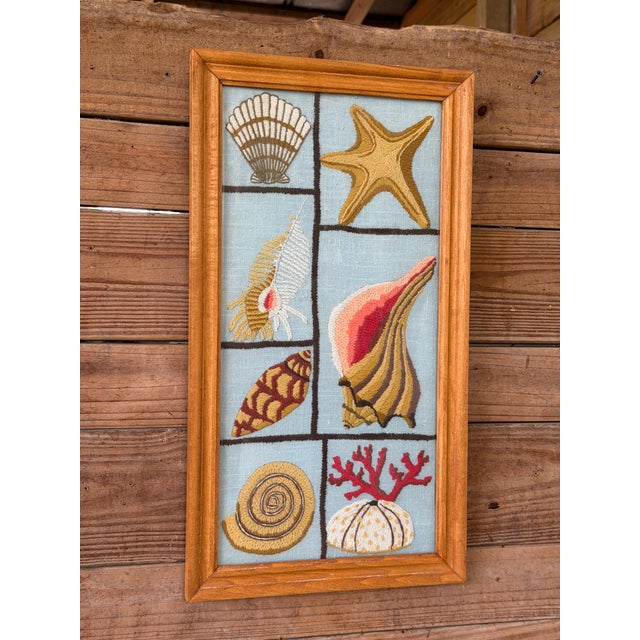 Vintage Coastal Needlepoint Seashell Textile Art in Wood Frame For Sale - Image 4 of 11