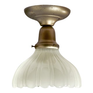 Vintage Flush Mount Fixture With Antique Scalloped and Ribbed Galls Bowl Style Shade For Sale