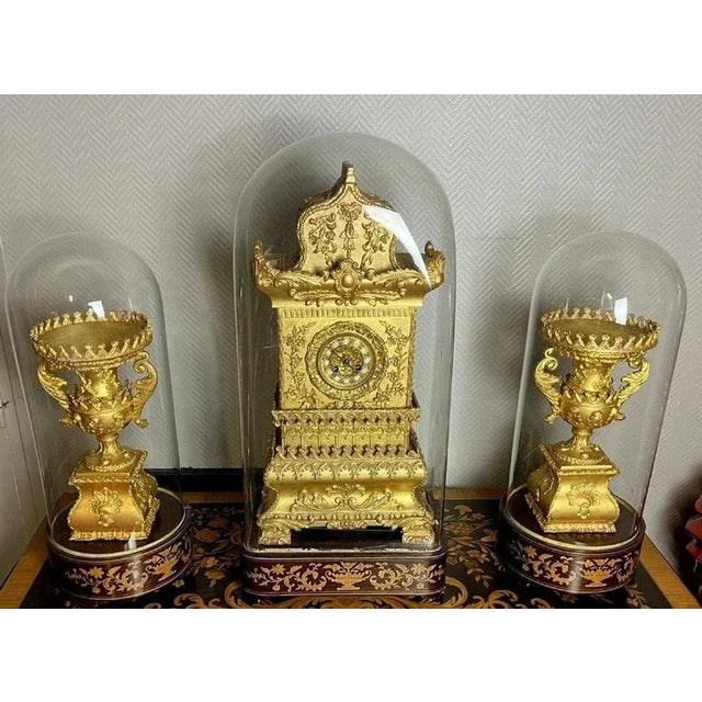 Three-Piece Clock in Gilded Wood, 1800s, Set of 3 For Sale - Image 5 of 5