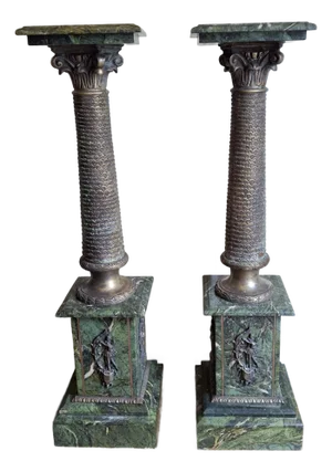 Pair Late 19th Century Continental Gilt-Metal Mounted and Variegated Green Marble Corinthian Pedestals