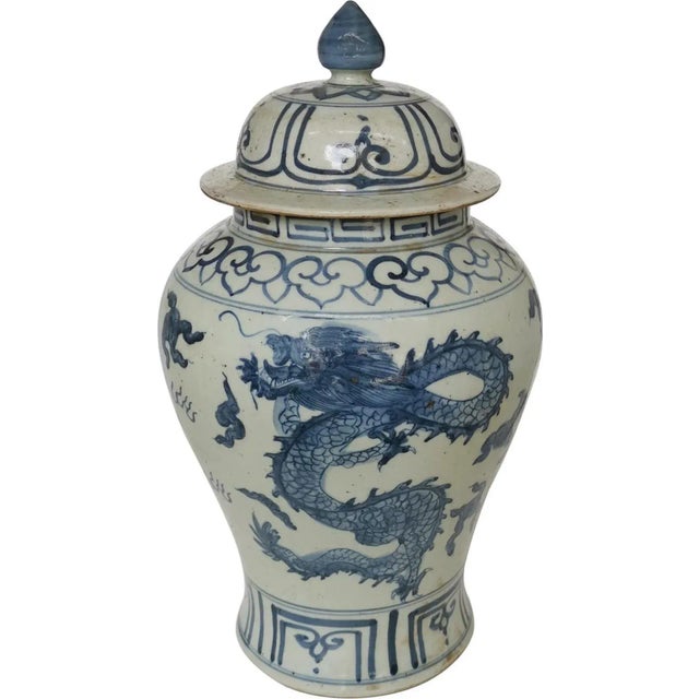 Contemporary White & Blue Small Dragon Temple Jar For Sale - Image 4 of 5