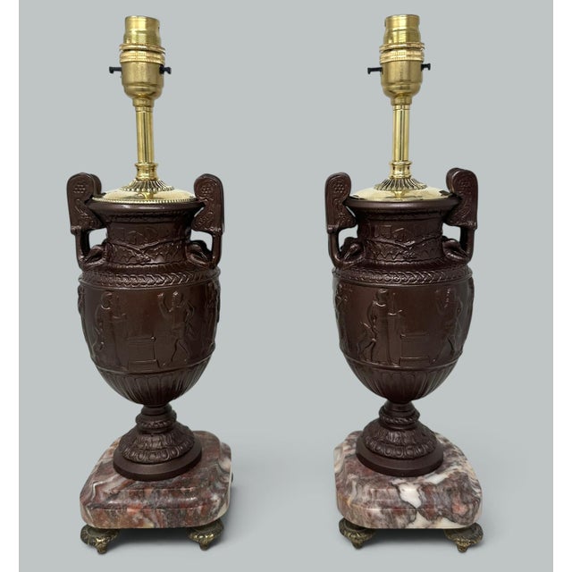 Late 19th Century Antique Pair French Bronzed Townley Pair Table Lamps Rouge Marble Grand Tour 19c For Sale - Image 5 of 11