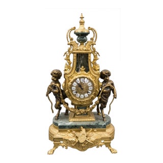 Rococo Style Gilt Bronze and Marble Satyr Figurals Mantel Clock For Sale