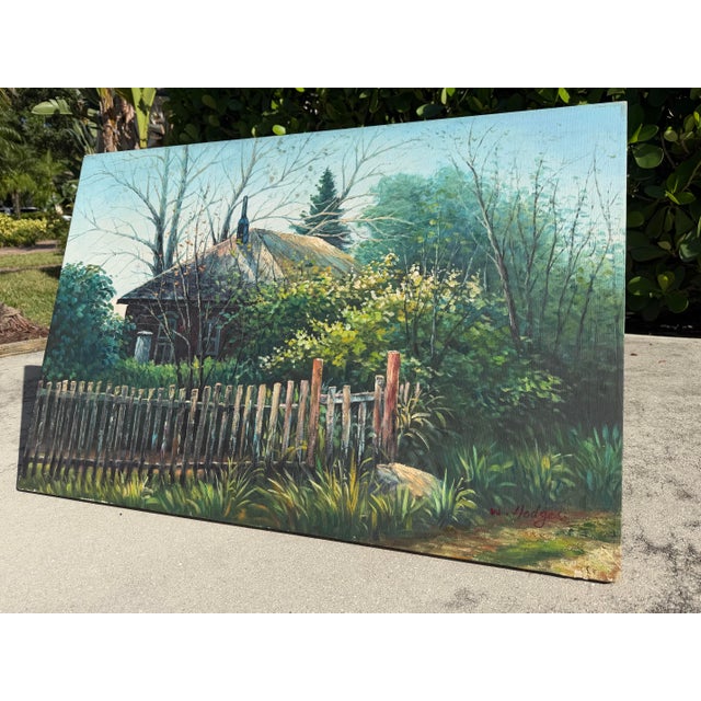 Late 20th Century Vintage Original Landscape Painting of a Rustic Cottage & Garden, Signed For Sale - Image 5 of 10