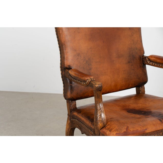 French Provincial Pair of 20th Century French Oak Armchairs With Vintage Leather For Sale - Image 3 of 18