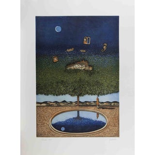 Franco Fortunato, Dreamlike Landscape with Tree, Moon\., 1990s, Lithograph For Sale