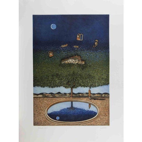 Franco Fortunato, Dreamlike Landscape with Tree, Moon\., 1990s, Lithograph For Sale