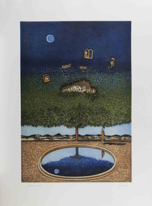 Franco Fortunato, Dreamlike Landscape with Tree, Moon\., 1990s, Lithograph