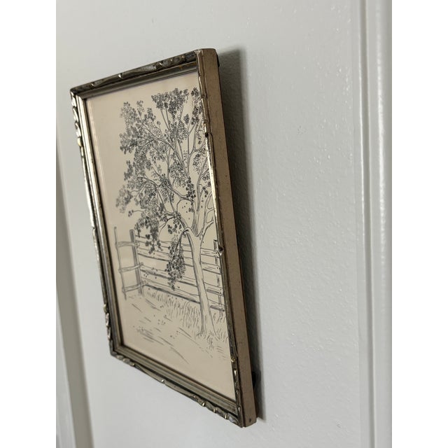 1940s 1940s Original Ink Drawing of Tree and Fence in Silverleaf Frame For Sale - Image 5 of 14