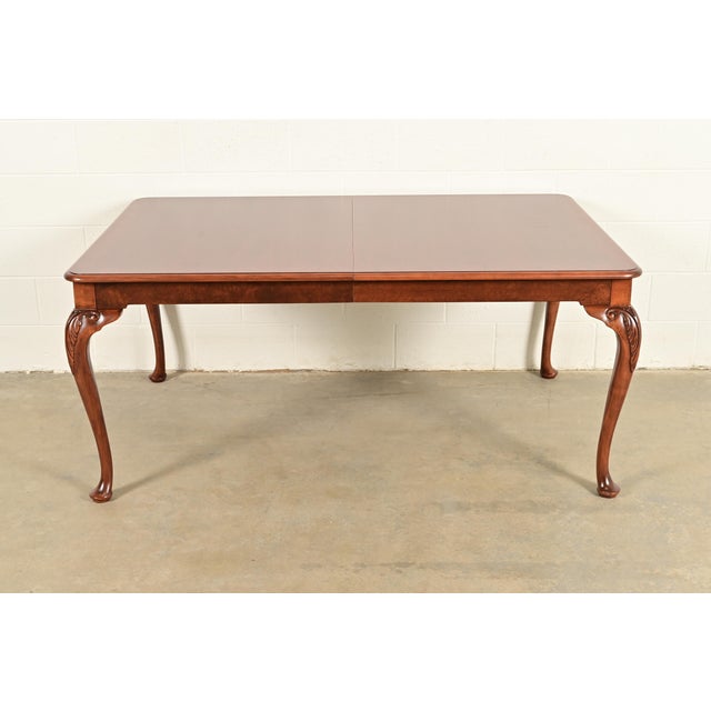 Wood Baker Furniture Queen Anne Carved Cherry and Burl Wood Extension Dining Table, Newly Refinished For Sale - Image 7 of 15