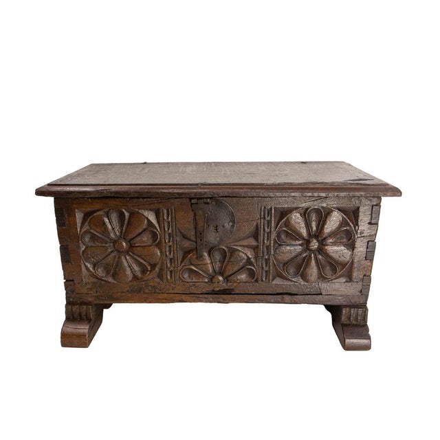 Rustic Antique French Rustic Chest in Carved Oak and Wrought Iron, 1900 For Sale - Image 3 of 11
