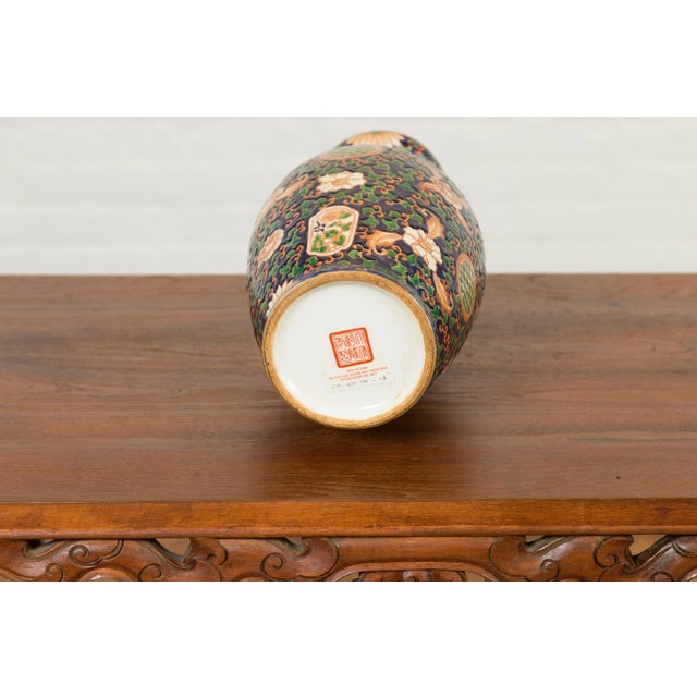 Chinese Contemporary Hand Painted Vase with Cobalt Blue Ground and Floral Decor For Sale In New York - Image 6 of 13