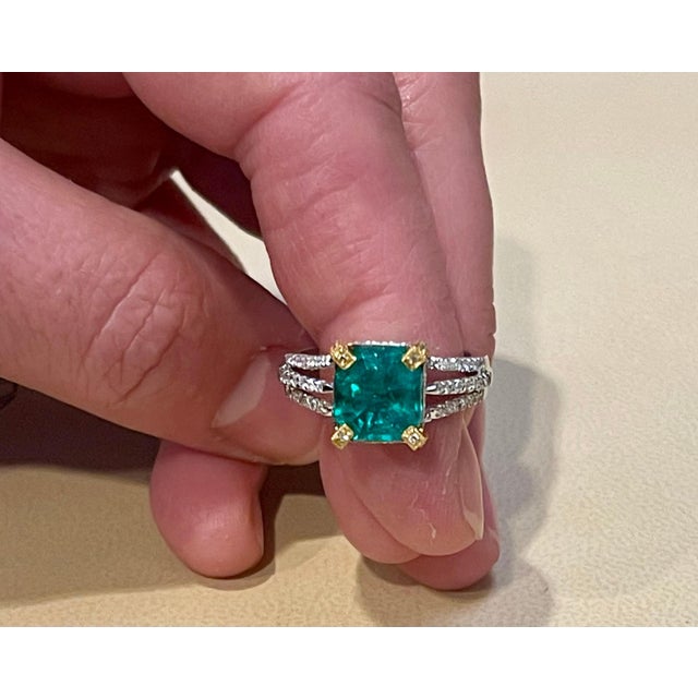 Extra Fine Colombian Emerald Ring 2.93 Carat Emerald Cut Colombian Emerald & 0.52Ct Diamond Ring 18Karat White/Yellow...