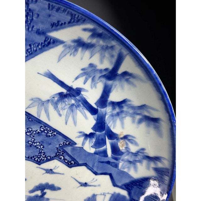 Large Japanese Hand-Painted Blue and White Dish, 19th Century For Sale - Image 5 of 11
