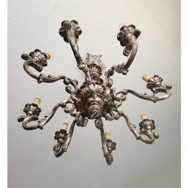 Cream Vintage Louis XV Silvered Hand-Painted Carved Wood Eight-Arm Chandelier with Floral Motifs, Italy, 1920s For Sale - Image 8 of 18
