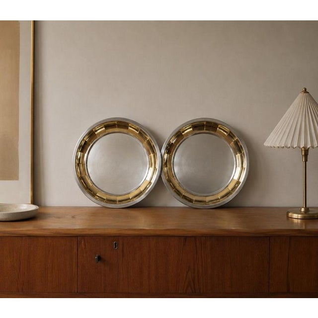Elegant pair of Italian serving trays by Gottinghen, crafted in high-quality 18/10 stainless steel with the company's...