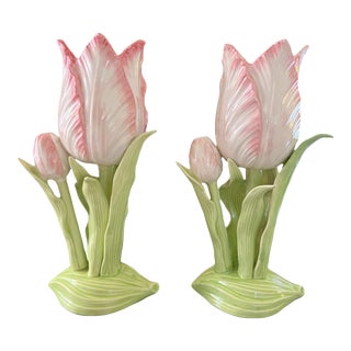 Vintage Porcelain Tulip Candlesticks Pink & Green, Pair For Sale
