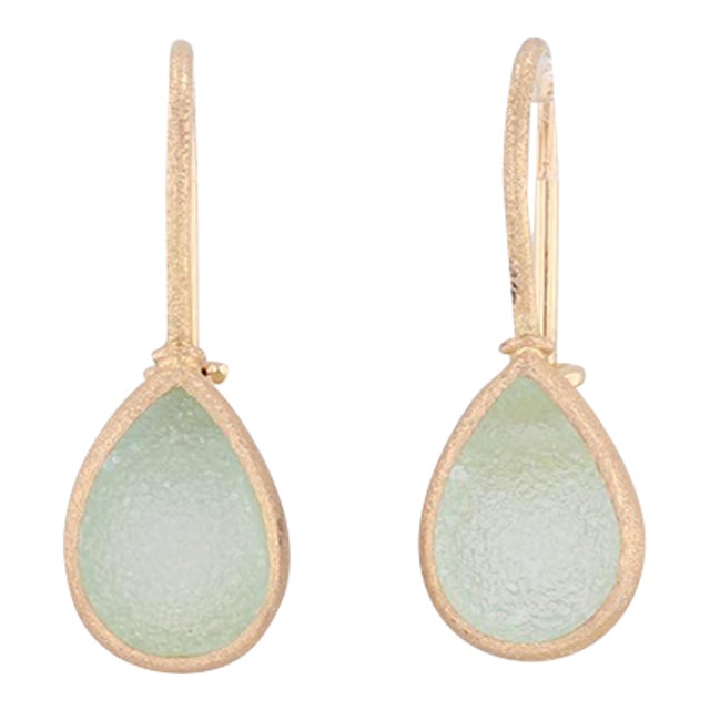 New Nina Nguyen Aquamarine Druzy Drop Earrings 18k Yellow Gold Hook Posts - 2 Pieces For Sale