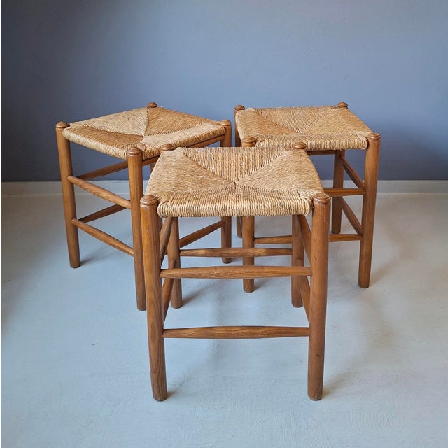 Wood and Rush Stools, 1960s, Set of 3, in Good conditions. Designed 1960 to 1969