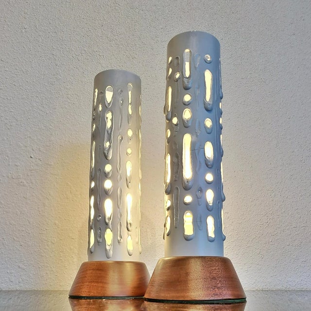 1970s Tubular Torch-Cut Aluminum and Walnut Table Lamps For Sale - Image 5 of 12