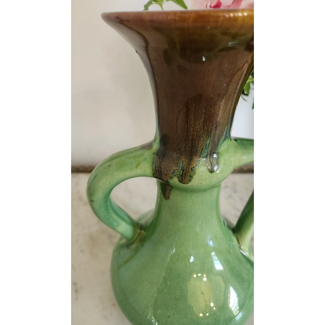 Vintage German Green and Brown Drip Glaze Double Handle Vase, Marked Germany 850 For Sale In New York - Image 6 of 14