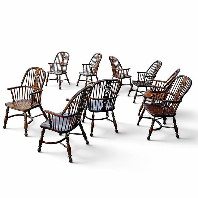 Wood Vintage Oak Wheelback Windsor Armchairs, 1980s, Set of 9 For Sale - Image 7 of 18