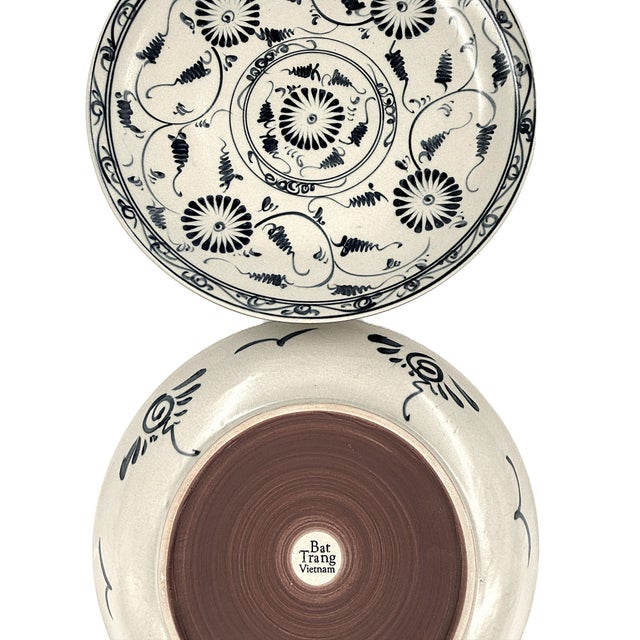 2010s Vintage Bat Trang Vietnamese Ceramic Dinner Plates Blue With Blue and Cream Lotus Floral Motifs - Set of 6 For Sale - Image 5 of 12