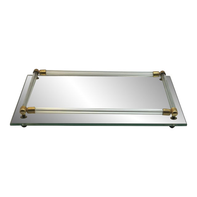 Vintage Glass Railed Mirror Tray W/ Brass Accents For Sale