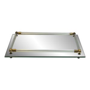 Vintage Glass Railed Mirror Tray W/ Brass Accents