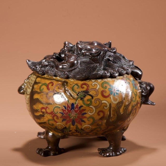 Metal Late 19th Century Cloisonné Enamel Censer With Pixiu Lid, 1.38kg For Sale - Image 7 of 9