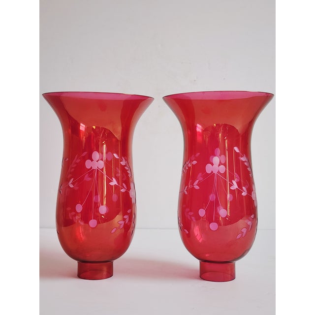 Victorian Cranberry Glass Uricane Lamp Shades-a Pair For Sale - Image 3 of 12