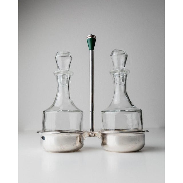 Vintage Silver-Plated Glass Salt and Pepper Shaker and Vinegar and Oil Bottles, Italy, 1970s, Set of 5 For Sale - Image 6 of 12