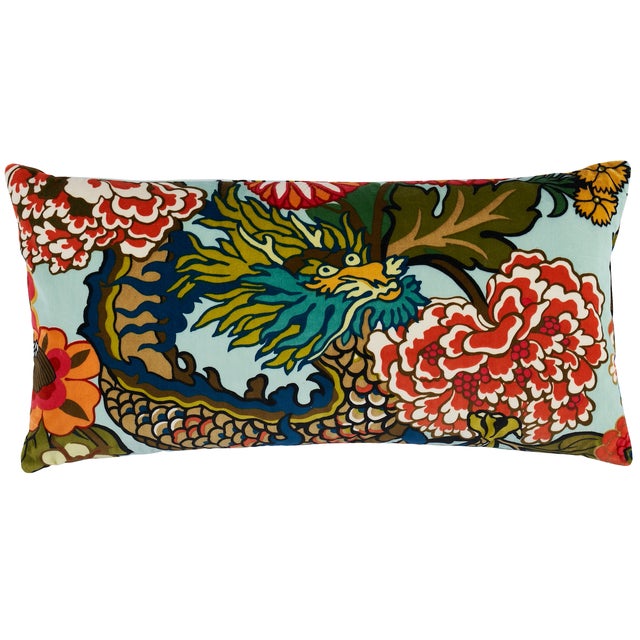 Art Deco Schumacher Chiang Mai Dragon Velvet 24" Lumbar Pillow in Aquamarine For Sale - Image 3 of 3
