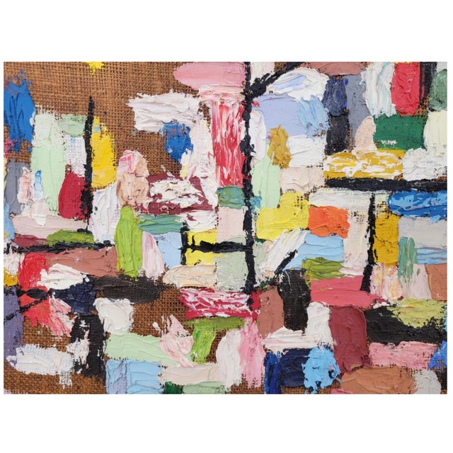 A beautiful abstract oil painting on burlap, featuring a colorful composition of various shapes and forms. The texture of...