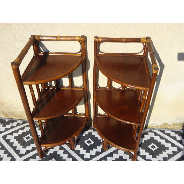 Corner furniture, corner shelves or bedside tables in rattan and wicker. Shelves in the shape of a quarter circle,...