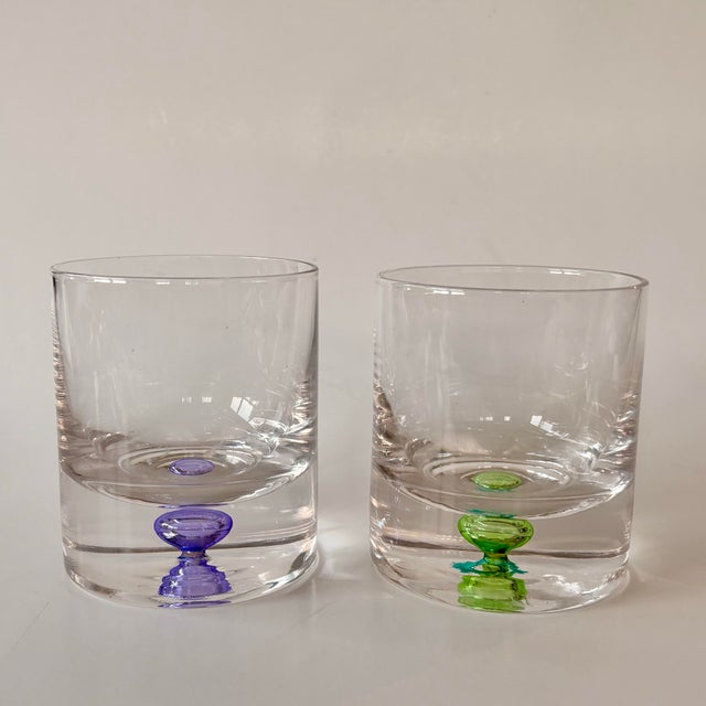 Vintage Krosno Handblown Bubble Base Rocks Glasses – Polish Glassware Purple & Green - Set of 2 For Sale In Miami - Image 6 of 8