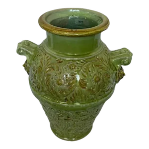 1990s Italian Hand-Painted Green Ceramic Vase With Two Handles