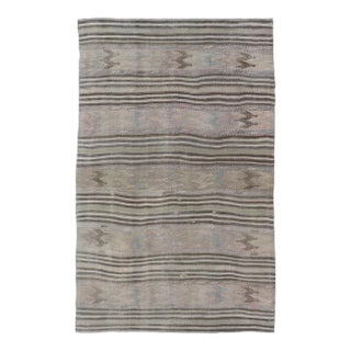 Mid 20th Century Vintage Turkish Flat-Weave Embroideries Kilim in Taupe Lt. Blue Brown Tan For Sale