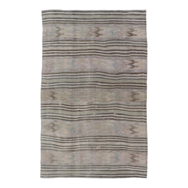 Mid 20th Century Vintage Turkish Flat-Weave Embroideries Kilim in Taupe Lt. Blue Brown Tan For Sale