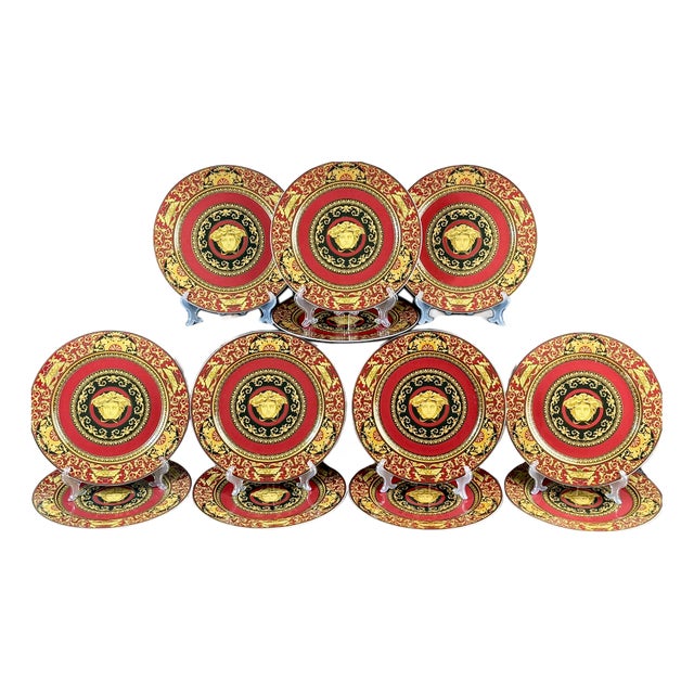 Large Black, Red and Gold Medusa Plates by Versace for Rosenthal, 1990s, Set of 12 For Sale