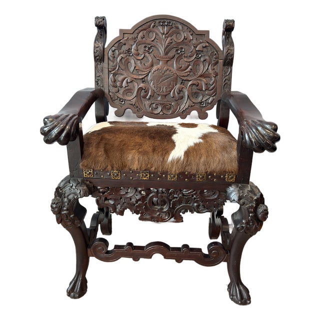 Antique Renaissance Revival Carved Walnut Throne Chair, Cowhide Seat For Sale