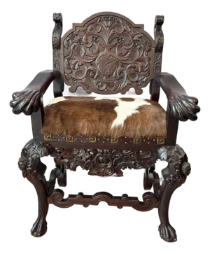 Antique Renaissance Revival Carved Walnut Throne Chair, Cowhide Seat